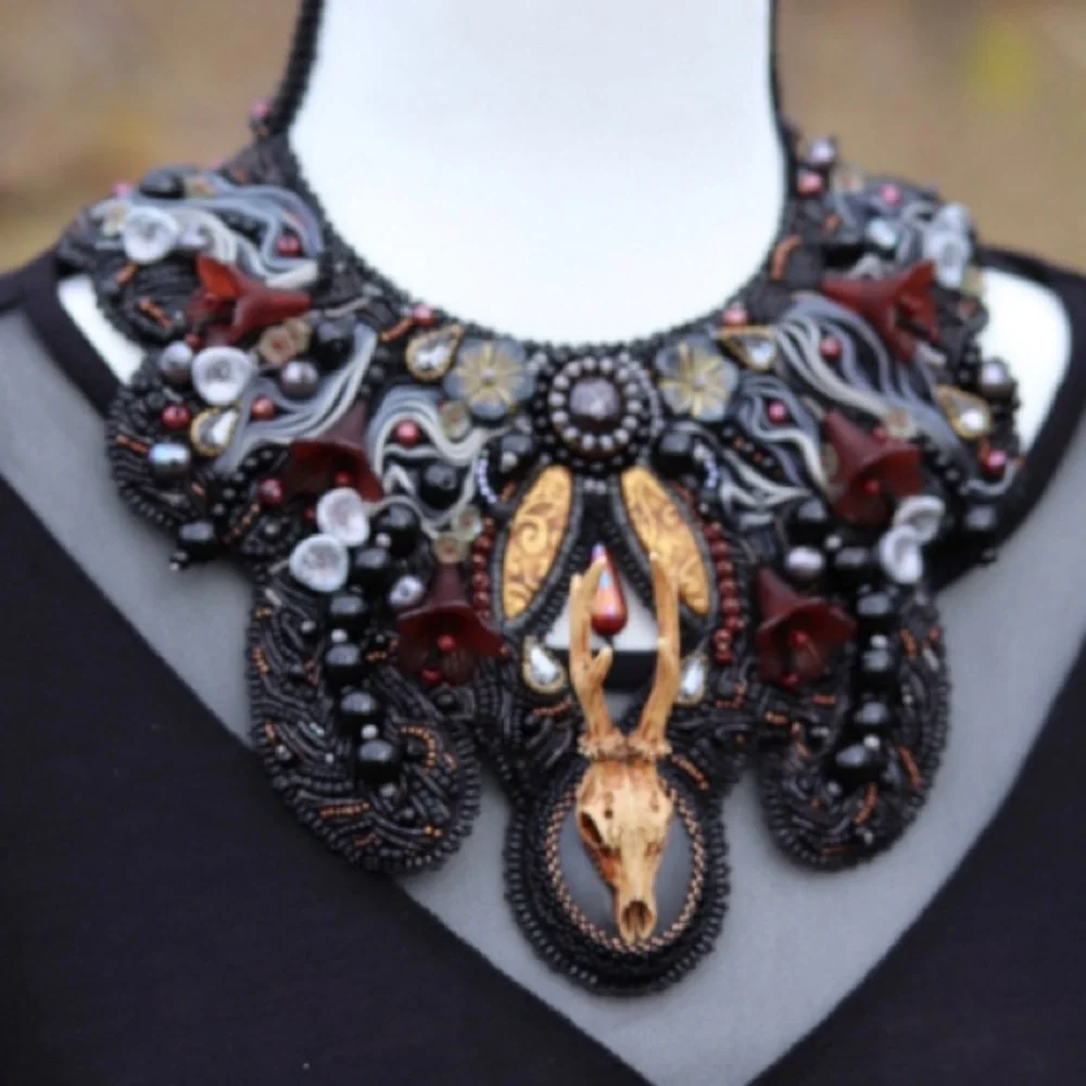 Gothic Animal Skull Statement Artisan Necklace w/ Star Garnet Art Piece - Picture 2 of 4